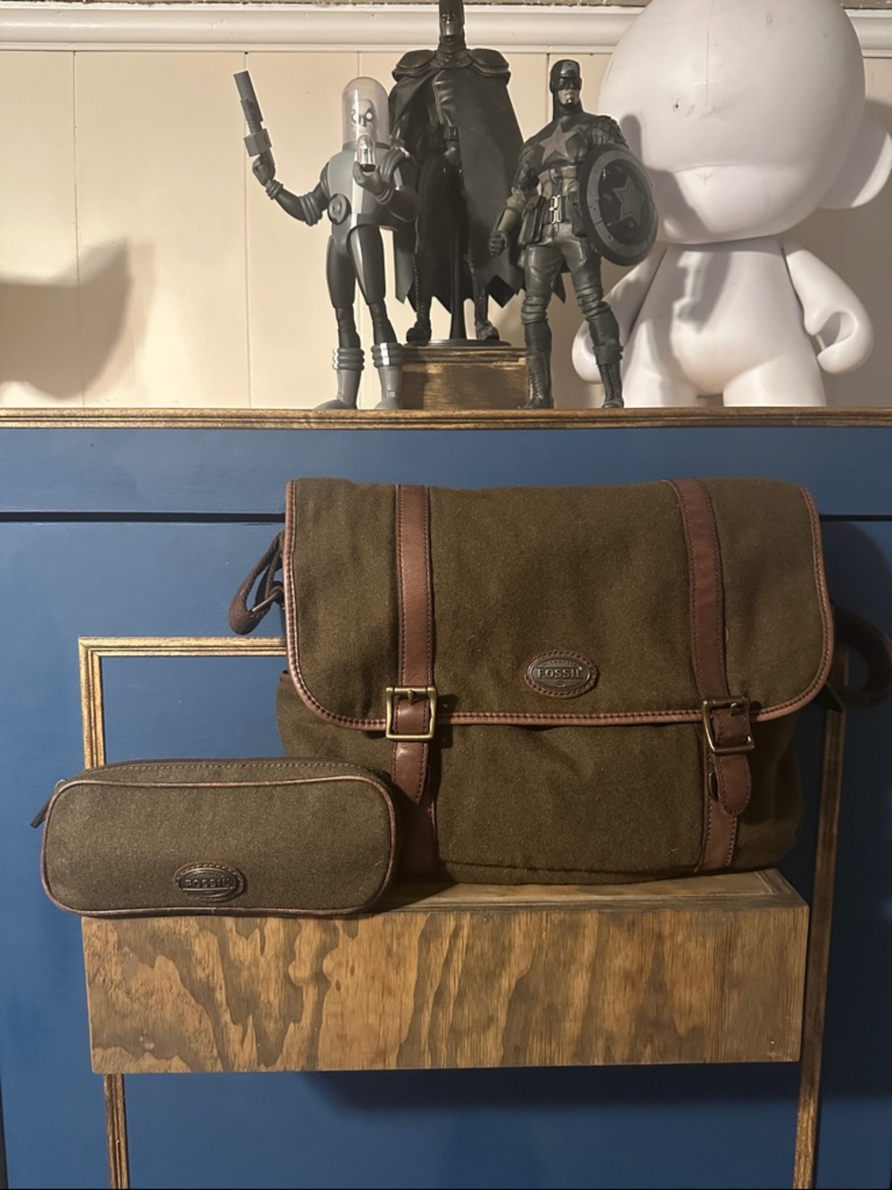 Fossil Olive Wool Messenger Bag with Brown Leather Trim and Accessory Holder
